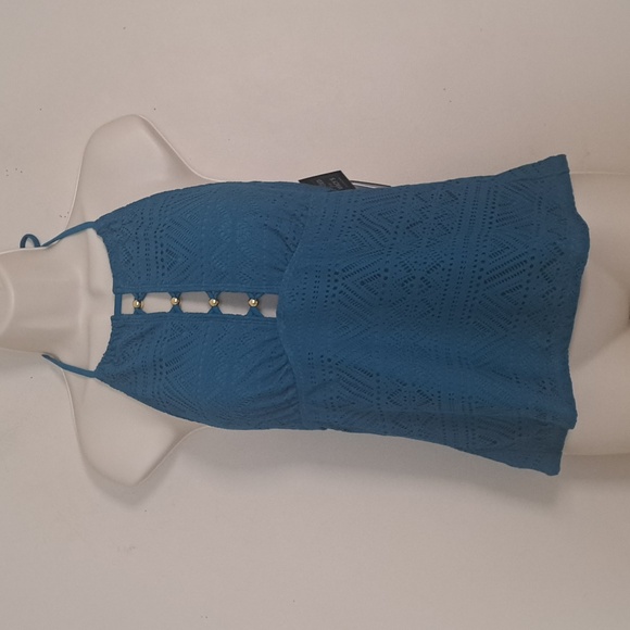 SALT + COVE Crochet High-Neck Tankini Swim Top Teal Blue - Picture 5 of 11